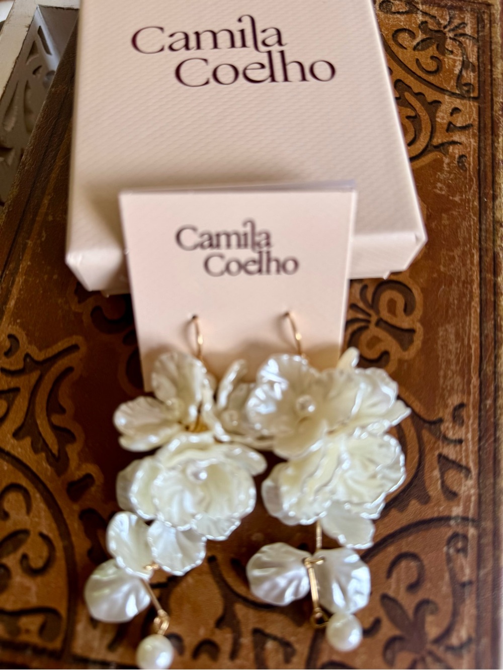 Camila Coelho Cream Floral Layered Drop Earrings